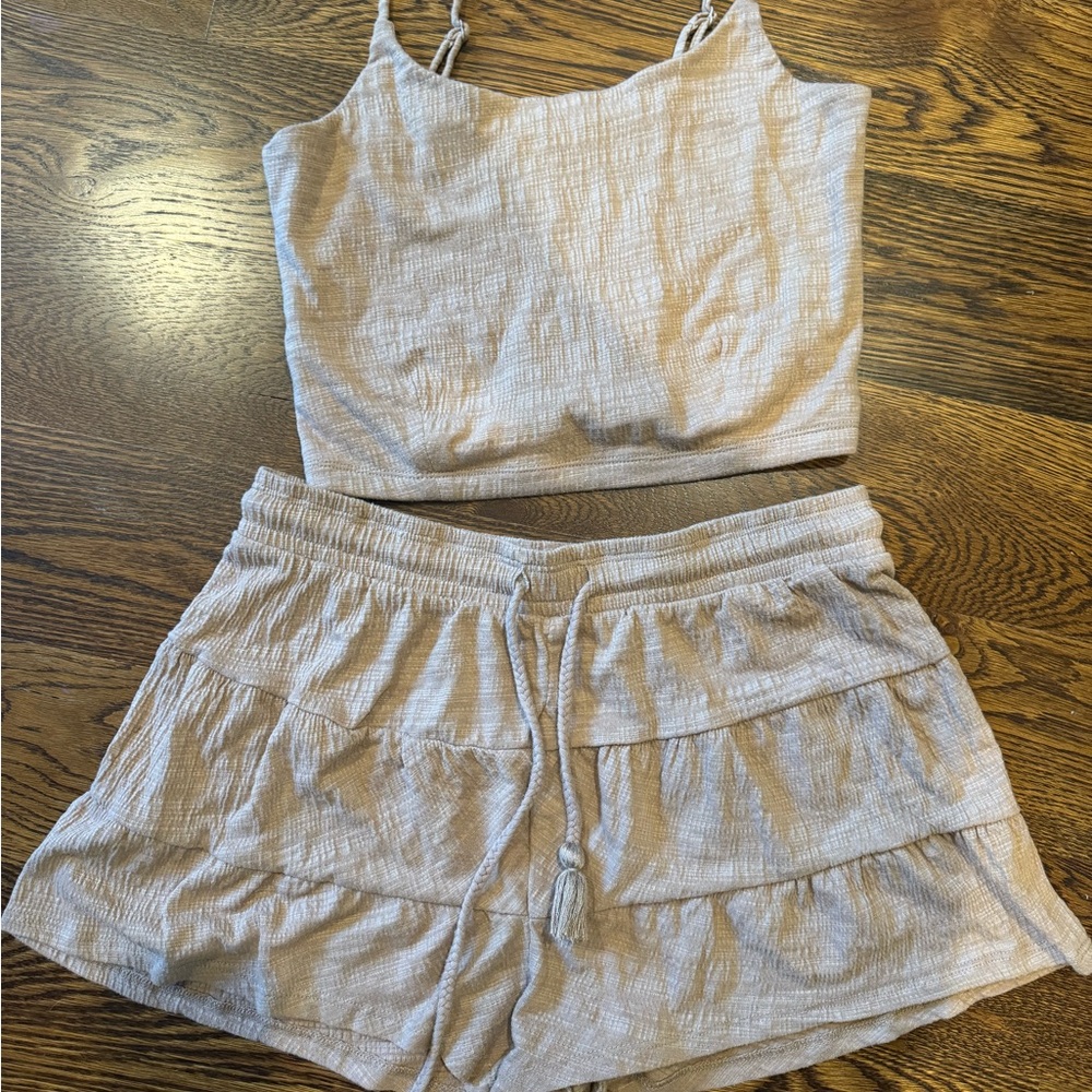 Beige Textured Tank Top and Shorts Set
